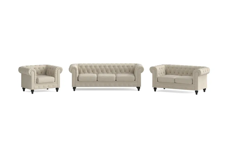 Chesterfield Lyx Soffgrupp 3-sits+2-sits+Fåtölj, Beige