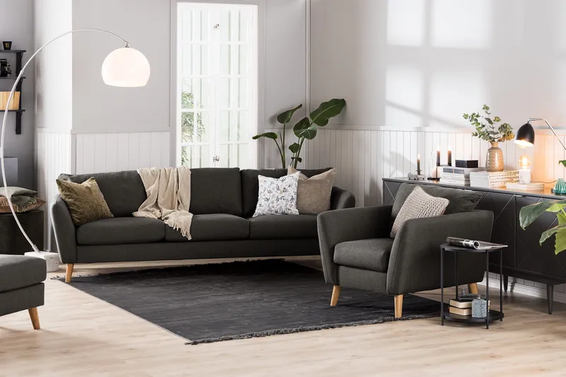 Trend Soffgrupp 3-sits + 2-sits Soffa + Fåtölj + Fotpall i Tyg - Svart - Möbler - Soffa - Soffgrupp