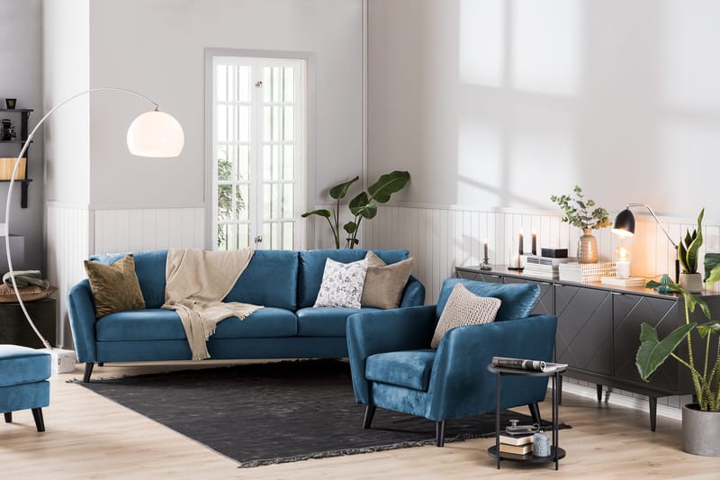 Trend Soffgrupp 3-sits + 2-sits Soffa + Fåtölj + Fotpall i Sammet - Blå - Möbler - Soffa - Soffgrupp