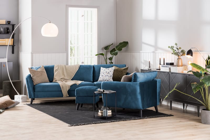 Trend Soffgrupp 3-sits + 2-sits Soffa + Fåtölj + Fotpall i Sammet - Blå - Möbler - Soffa - Soffgrupp