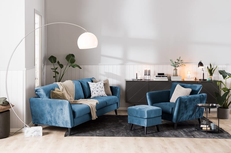 Trend Soffgrupp 3-sits + 2-sits Soffa + Fåtölj + Fotpall i Sammet - Blå - Möbler - Soffa - Soffgrupp