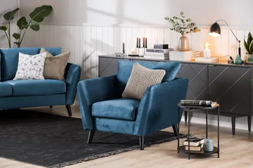 Trend Soffgrupp 3-sits + 2-sits Soffa + Fåtölj + Fotpall i Sammet - Blå - Möbler - Soffa - Soffgrupp