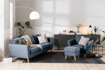 Trend Soffgrupp 3-sits + 2-sits Soffa + Fåtölj + Fotpall i Tyg - Blå - Möbler - Soffa - Soffgrupp