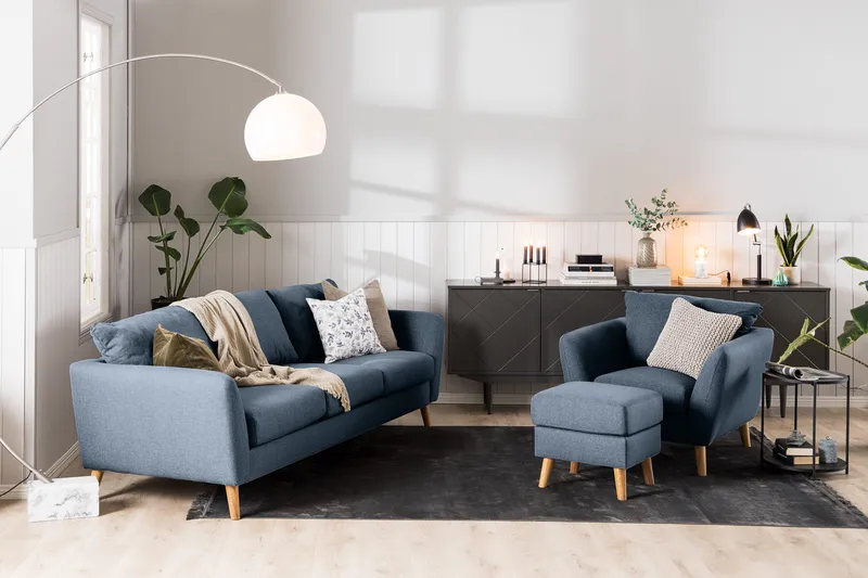 Trend Soffgrupp 3-sits + 2-sits Soffa + Fåtölj + Fotpall i Tyg - Blå - Möbler - Soffa - Soffgrupp