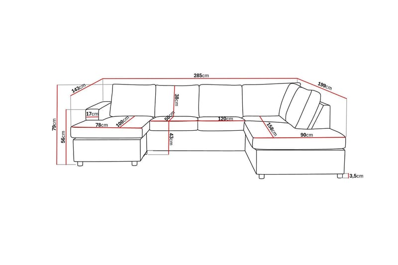 Crazy 4-sits Högervänd U-formad Large Soffa med Divan och Schäslong i Tyg - Antracit - Möbler - Soffa - U-soffa
