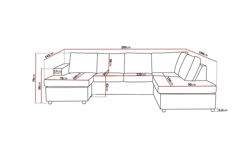 Crazy 4-sits Högervänd U-formad Large Soffa med Divan och Schäslong i Tyg - Antracit - Möbler - Soffa - U-soffa