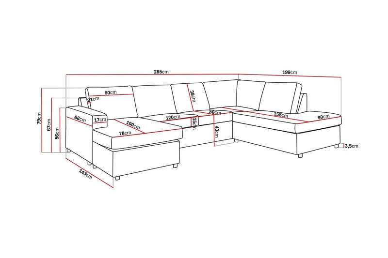 Crazy 4-sits Högervänd U-formad Large Soffa med Divan och Schäslong i Tyg - Antracit - Möbler - Soffa - U-soffa