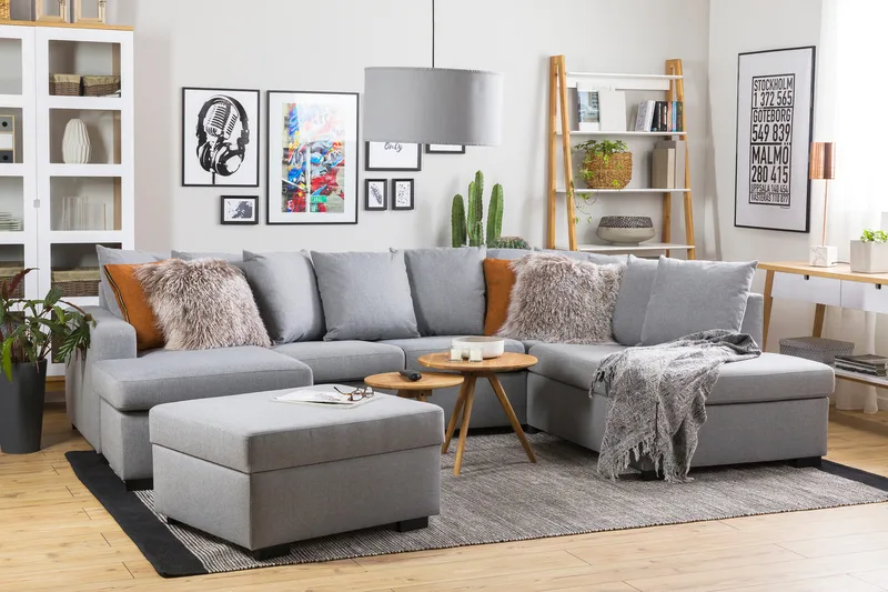 Crazy 4-sits Högervänd U-formad Large Soffa med Divan och Schäslong i Tyg inkl Kuvertkuddar - Grå - Möbler - Soffa - U-soffa