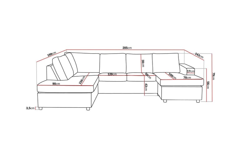 Crazy 4-sits Vänstervänd U-formad Large Soffa med Divan och Schäslong i Tyg - Antracit - Möbler - Soffa - U-soffa