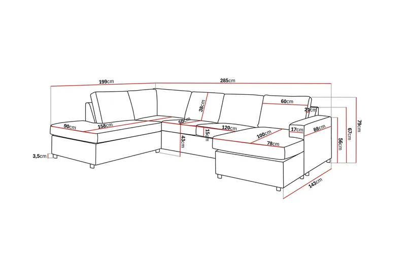 Crazy 4-sits Vänstervänd U-formad Large Soffa med Divan och Schäslong i Tyg - Antracit - Möbler - Soffa - U-soffa