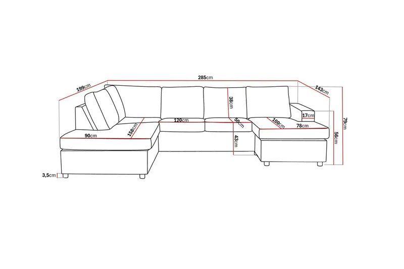 Crazy 4-sits Vänstervänd U-formad Large Soffa med Divan och Schäslong i Tyg - Antracit - Möbler - Soffa - U-soffa