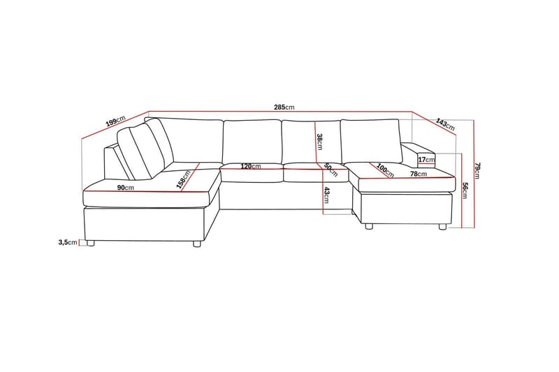 Crazy 4-sits Vänstervänd U-formad Large Soffa med Divan och Schäslong i Tyg - Antracit - Möbler - Soffa - U-soffa