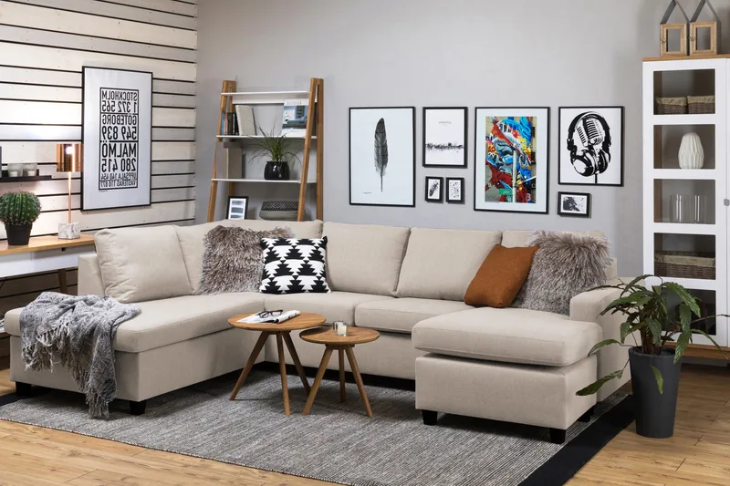 Crazy 4-sits Vänstervänd U-formad Large Soffa med Divan och Schäslong i Tyg - Beige - Möbler - Soffa - U-soffa