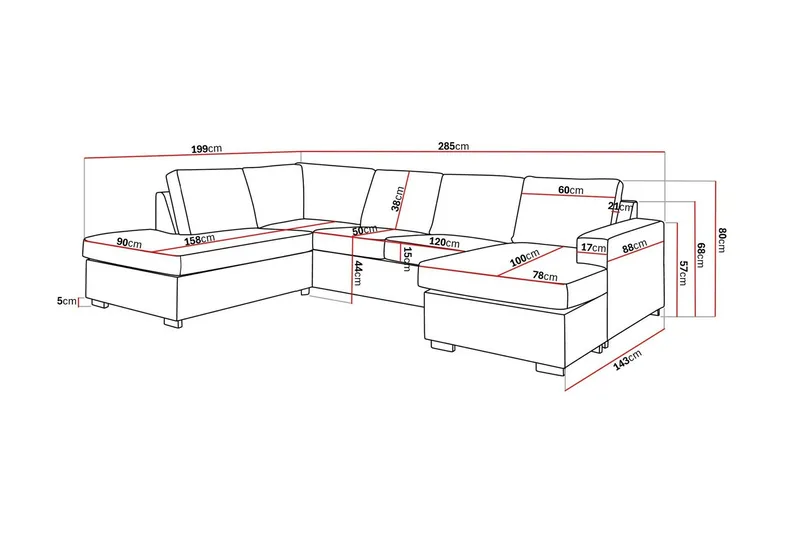 Crazy 4-sits Vänstervänd U-formad Large Soffa med Divan och Schäslong i Tyg - Brun - Möbler - Soffa - U-soffa