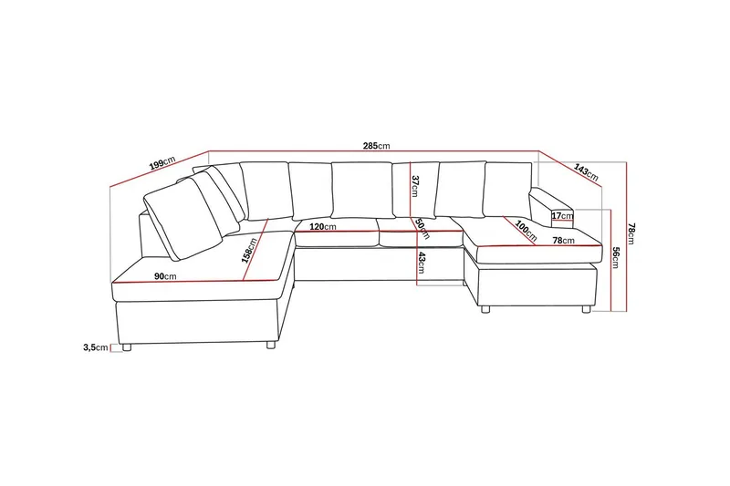 Crazy 4-sits Vänstervänd U-formad Large Soffa med Divan och Schäslong i Tyg inkl Kuvertkuddar - Antracit - Möbler - Soffa - U-soffa