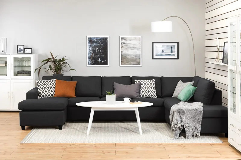 Crazy 5-sits Högervänd U-formad X-Large Soffa med Divan och Schäslong i Tyg - Antracit - Möbler - Soffa - U-soffa