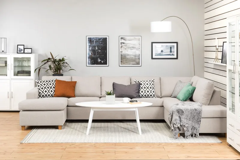 Crazy 5-sits Högervänd U-formad X-Large Soffa med Divan och Schäslong i Tyg - Beige - Möbler - Soffa - U-soffa