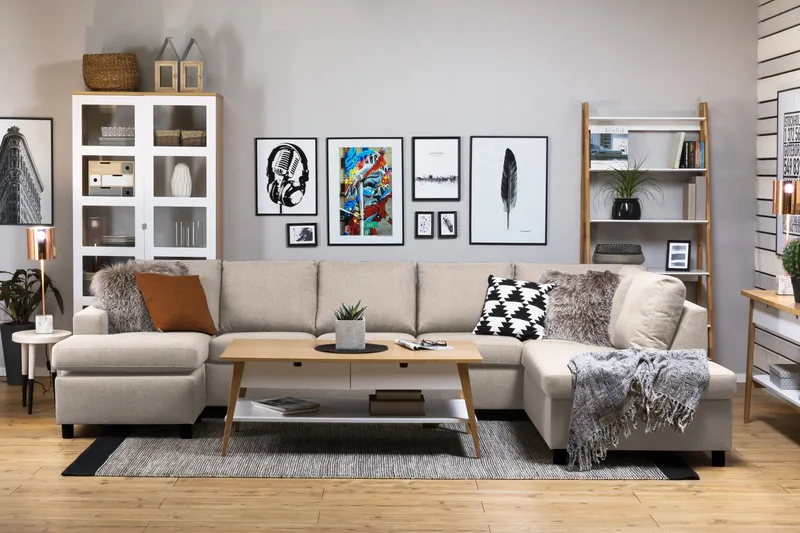 Crazy 5-sits Högervänd U-formad X-Large Soffa med Divan och Schäslong i Tyg - Beige - Möbler - Soffa - U-soffa