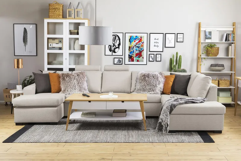 Crazy 5-sits Högervänd U-formad X-Large Soffa med Divan och Schäslong i Tyg - Beige - Möbler - Soffa - U-soffa