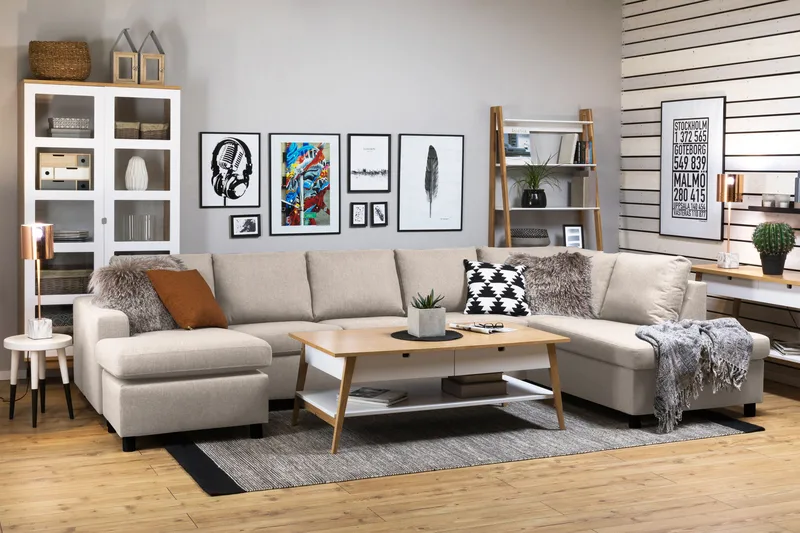 Crazy 5-sits Högervänd U-formad X-Large Soffa med Divan och Schäslong i Tyg - Beige - Möbler - Soffa - U-soffa