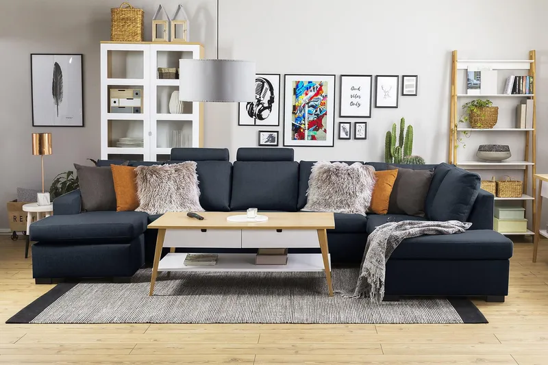 Crazy 5-sits Högervänd U-formad X-Large Soffa med Divan och Schäslong i Tyg - Blå - Möbler - Soffa - U-soffa