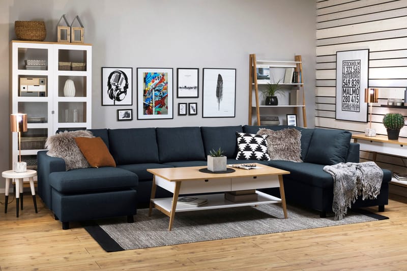 Crazy 5-sits Högervänd U-formad X-Large Soffa med Divan och Schäslong i Tyg - Blå - Möbler - Soffa - U-soffa