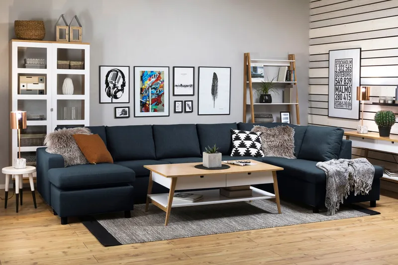 Crazy 5-sits Högervänd U-formad X-Large Soffa med Divan och Schäslong i Tyg - Blå - Möbler - Soffa - U-soffa