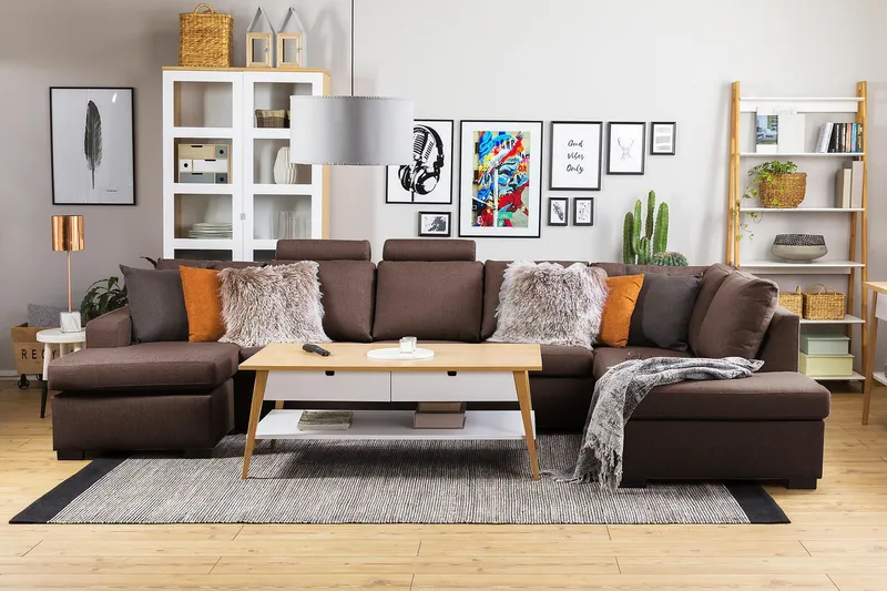 Crazy 5-sits Högervänd U-formad X-Large Soffa med Divan och Schäslong i Tyg - Brun - Möbler - Soffa - U-soffa