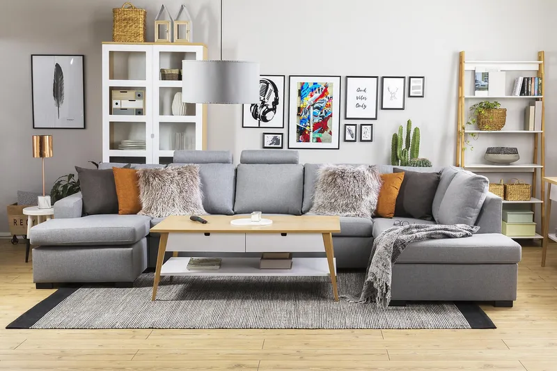 Crazy 5-sits Högervänd U-formad X-Large Soffa med Divan och Schäslong i Tyg - Grå - Möbler - Soffa - U-soffa