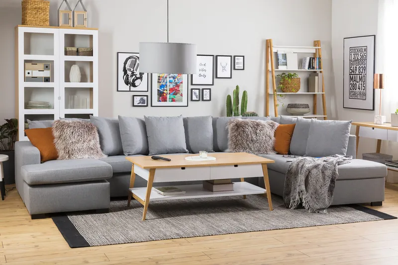 Crazy 5-sits Högervänd U-formad X-Large Soffa med Divan och Schäslong i Tyg inkl Kuvertkuddar - Grå - Möbler - Soffa - U-soffa