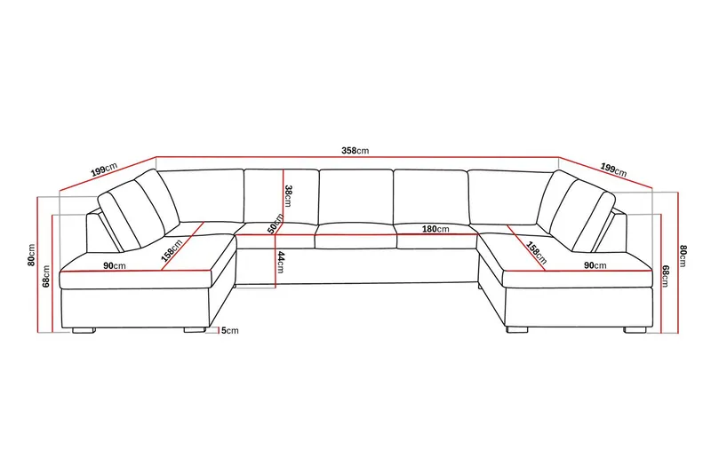 Crazy 5-sits U-formad Soffa med dubbelschäslong i Konstläder - Svart - Möbler - Soffa - U-soffa