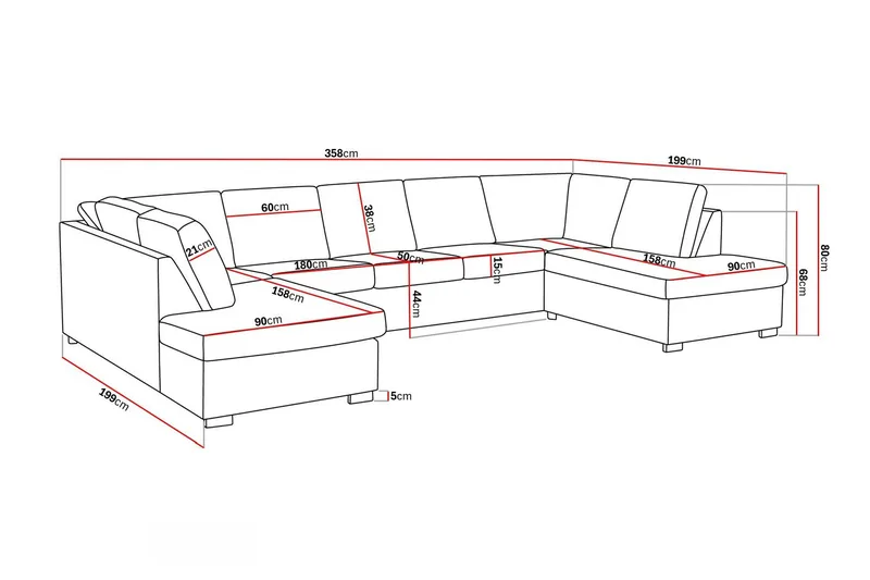 Crazy 5-sits U-formad Soffa med dubbelschäslong i Konstläder - Svart - Möbler - Soffa - U-soffa