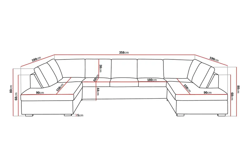 Crazy 5-sits U-formad Soffa med dubbelschäslong i Tyg - Mörkgrå - Möbler - Soffa - U-soffa