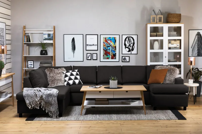 Crazy 5-sits Vänstervänd U-formad X-Large Soffa med Divan och Schäslong i Tyg - Antracit - Möbler - Soffa - U-soffa