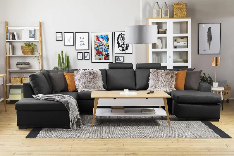 Crazy 5-sits Vänstervänd U-formad X-Large Soffa med Divan och Schäslong i Tyg - Antracit - Möbler - Soffa - U-soffa