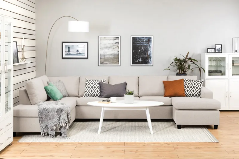 Crazy 5-sits Vänstervänd U-formad X-Large Soffa med Divan och Schäslong i Tyg - Beige - Möbler - Soffa - U-soffa