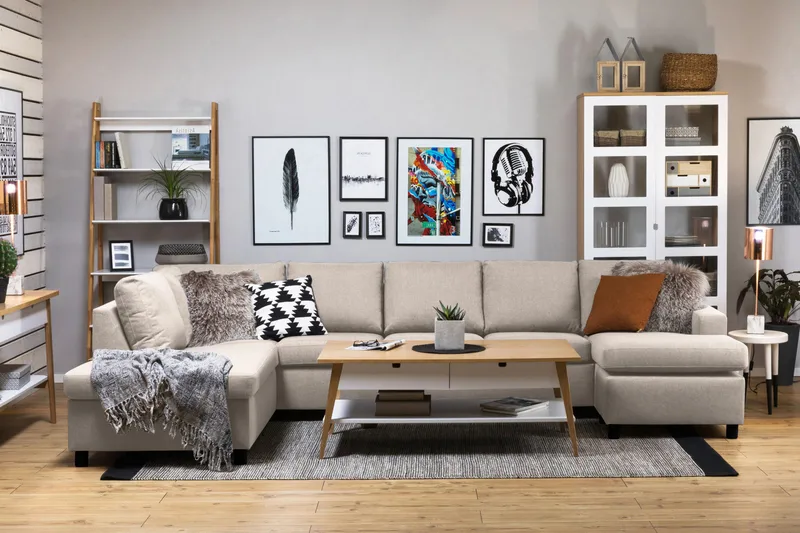 Crazy 5-sits Vänstervänd U-formad X-Large Soffa med Divan och Schäslong i Tyg - Beige - Möbler - Soffa - U-soffa