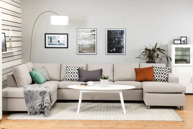 Crazy 5-sits Vänstervänd U-formad X-Large Soffa med Divan och Schäslong i Tyg - Beige - Möbler - Soffa - U-soffa