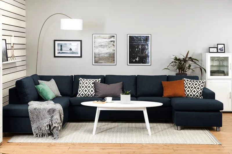 Crazy 5-sits Vänstervänd U-formad X-Large Soffa med Divan och Schäslong i Tyg - Blå - Möbler - Soffa - U-soffa