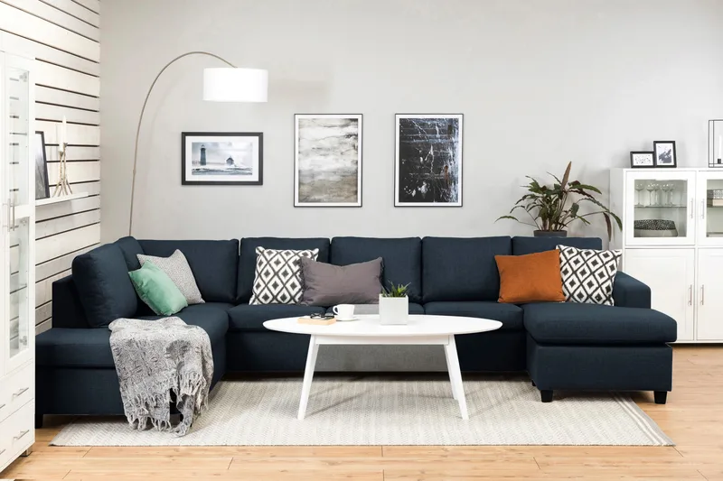 Crazy 5-sits Vänstervänd U-formad X-Large Soffa med Divan och Schäslong i Tyg - Blå - Möbler - Soffa - U-soffa