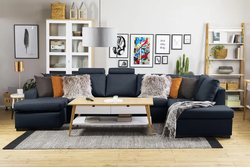 Crazy 5-sits Vänstervänd U-formad X-Large Soffa med Divan och Schäslong i Tyg - Blå - Möbler - Soffa - U-soffa