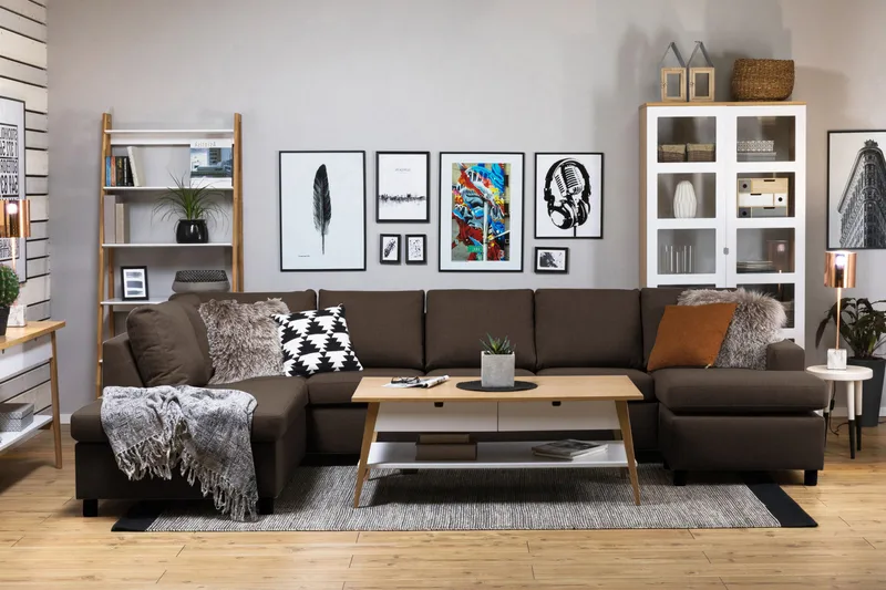 Crazy 5-sits Vänstervänd U-formad X-Large Soffa med Divan och Schäslong i Tyg - Brun - Möbler - Soffa - U-soffa