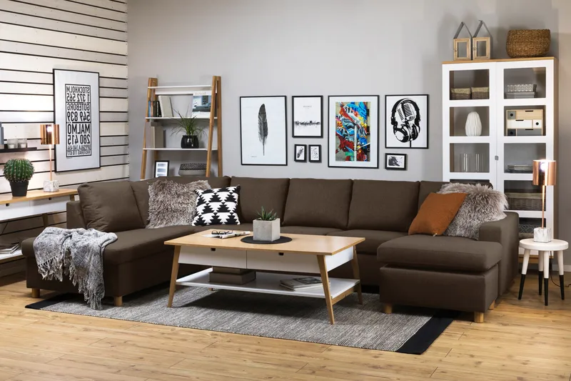 Crazy 5-sits Vänstervänd U-formad X-Large Soffa med Divan och Schäslong i Tyg - Brun - Möbler - Soffa - U-soffa