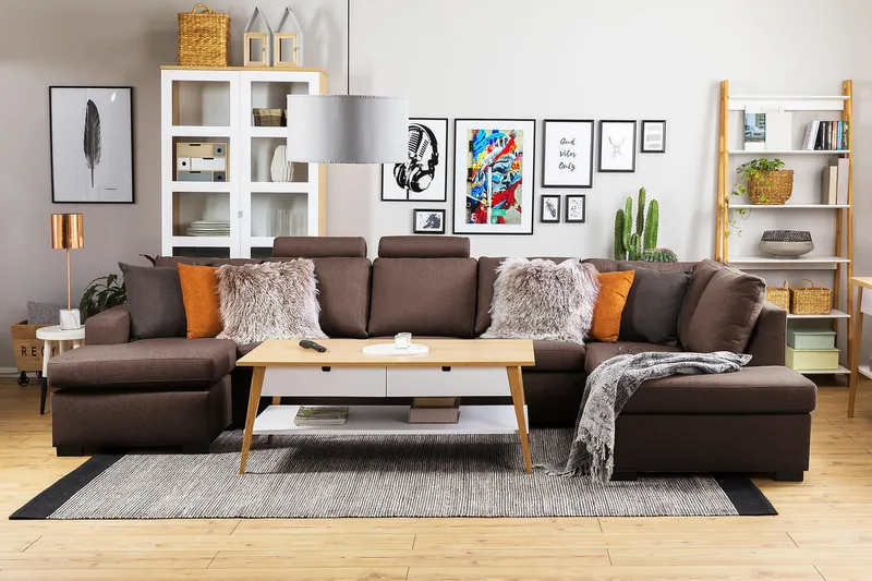 Crazy 5-sits Vänstervänd U-formad X-Large Soffa med Divan och Schäslong i Tyg - Brun - Möbler - Soffa - U-soffa