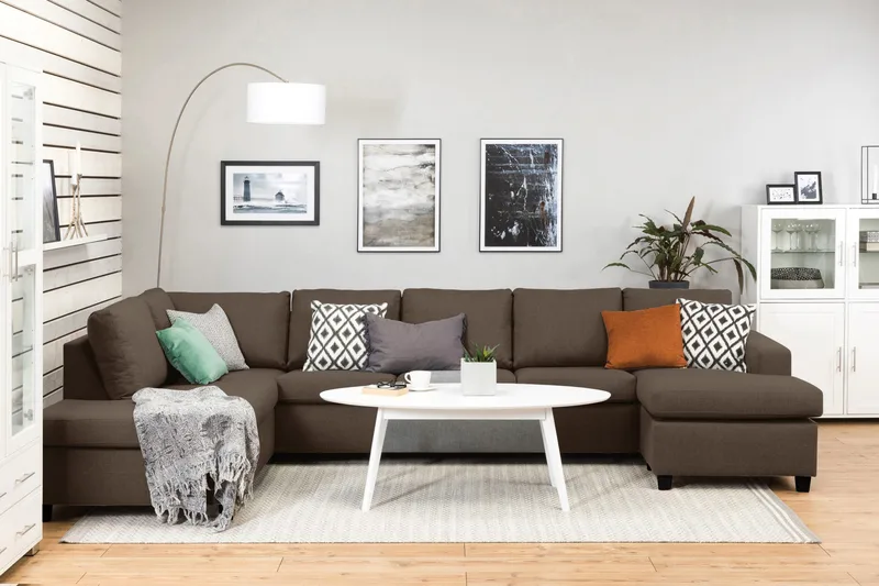 Crazy 5-sits Vänstervänd U-formad X-Large Soffa med Divan och Schäslong i Tyg - Brun - Möbler - Soffa - U-soffa