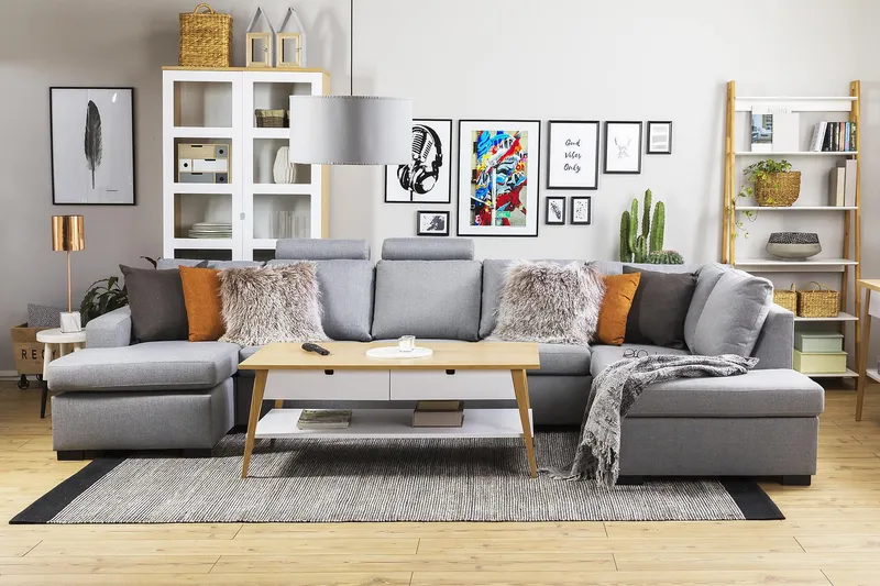 Crazy 5-sits Vänstervänd U-formad X-Large Soffa med Divan och Schäslong i Tyg - Grå - Möbler - Soffa - U-soffa