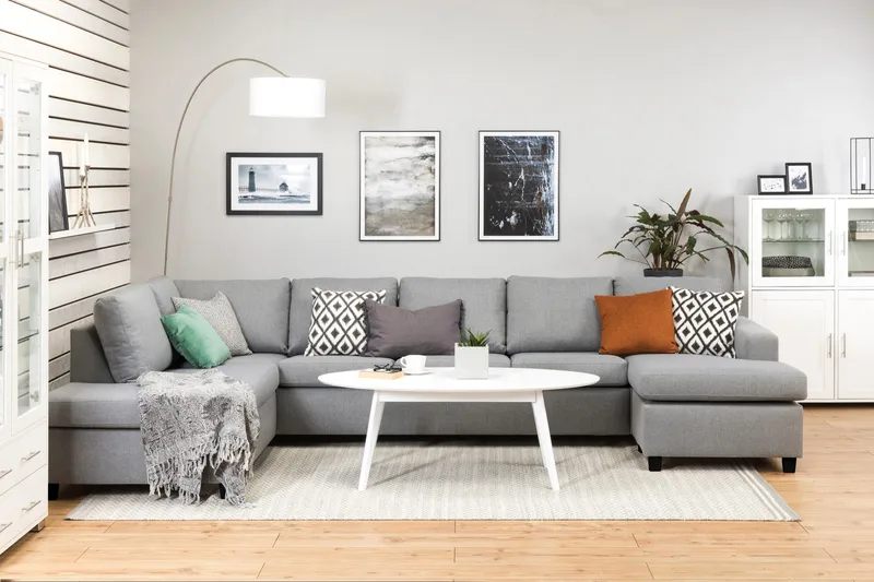 Crazy 5-sits Vänstervänd U-formad X-Large Soffa med Divan och Schäslong i Tyg - Grå - Möbler - Soffa - U-soffa