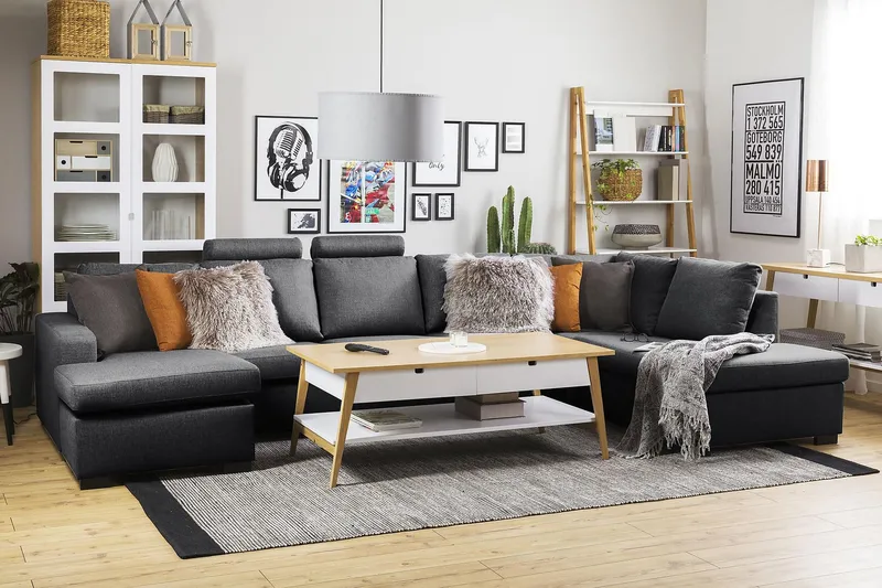 Crazy 5-sits Vänstervänd U-formad X-Large Soffa med Divan och Schäslong i Tyg - Mörkgrå - Möbler - Soffa - U-soffa