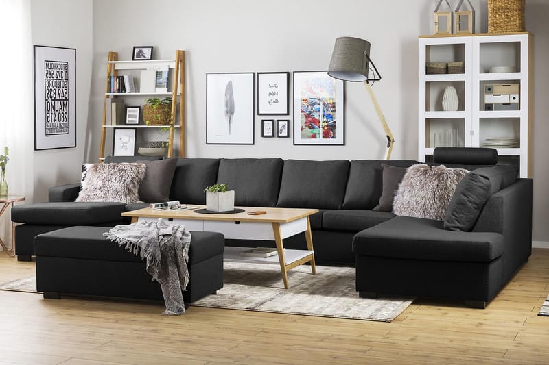 Crazy 6-sits Högervänd U-formad XX-Large Soffa med Divan och Schäslong i Tyg - Antracit - Möbler - Soffa - U-soffa