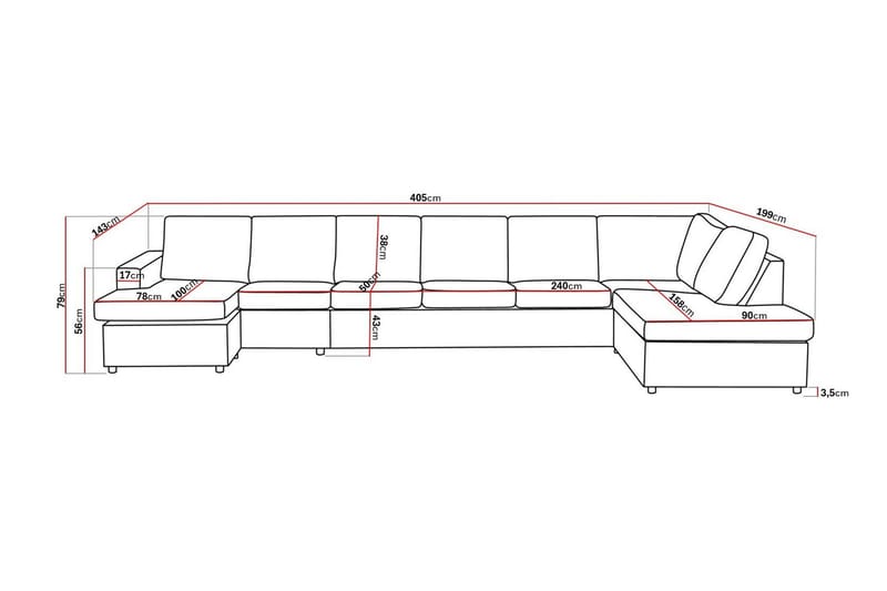 Crazy 6-sits Högervänd U-formad XX-Large Soffa med Divan och Schäslong i Tyg - Antracit - Möbler - Soffa - U-soffa